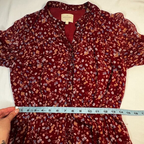 Sezane Alix Midi Dress Sheer Sleeves Button Up Red Bordeaux Floral Print 34 XS - Picture 9 of 15
